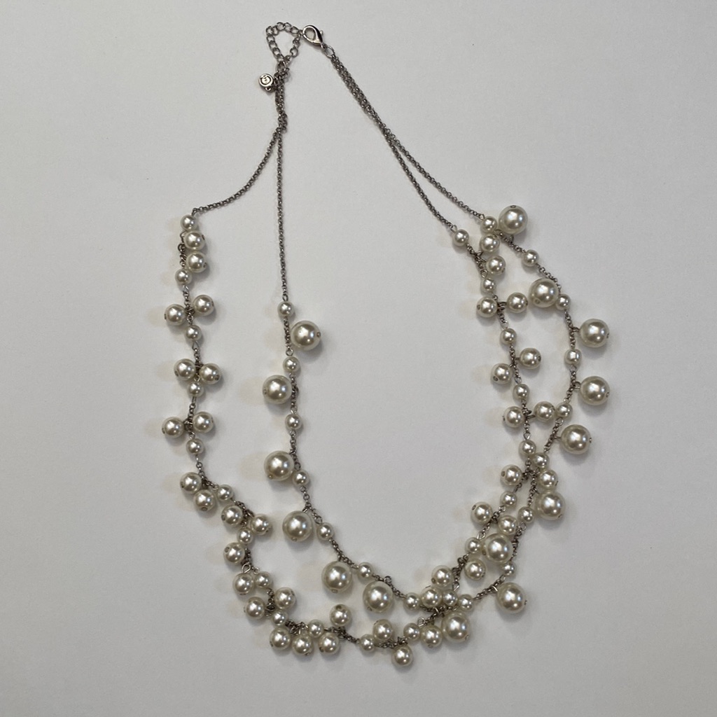 C 1946 Silvertone Faux Pearl Multi-Layered Vintage-Style Necklace - Signed